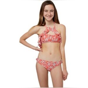 O'Neill Red Floral Bikini Set with Pink and White Blossoms
